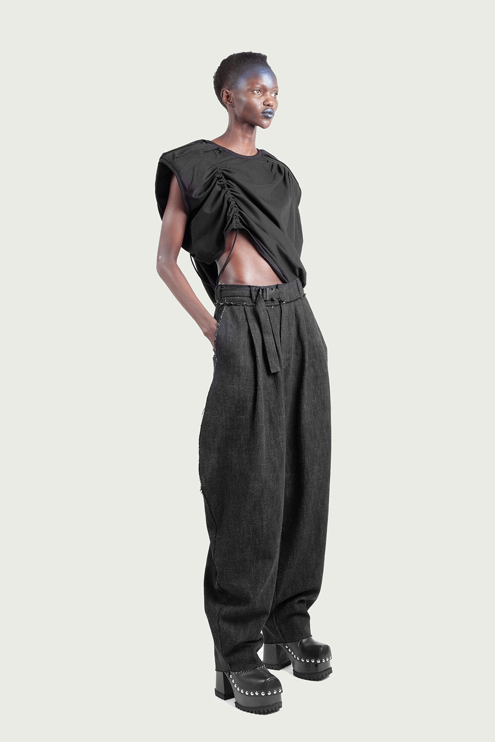 Bubble Pleated Denim Pants