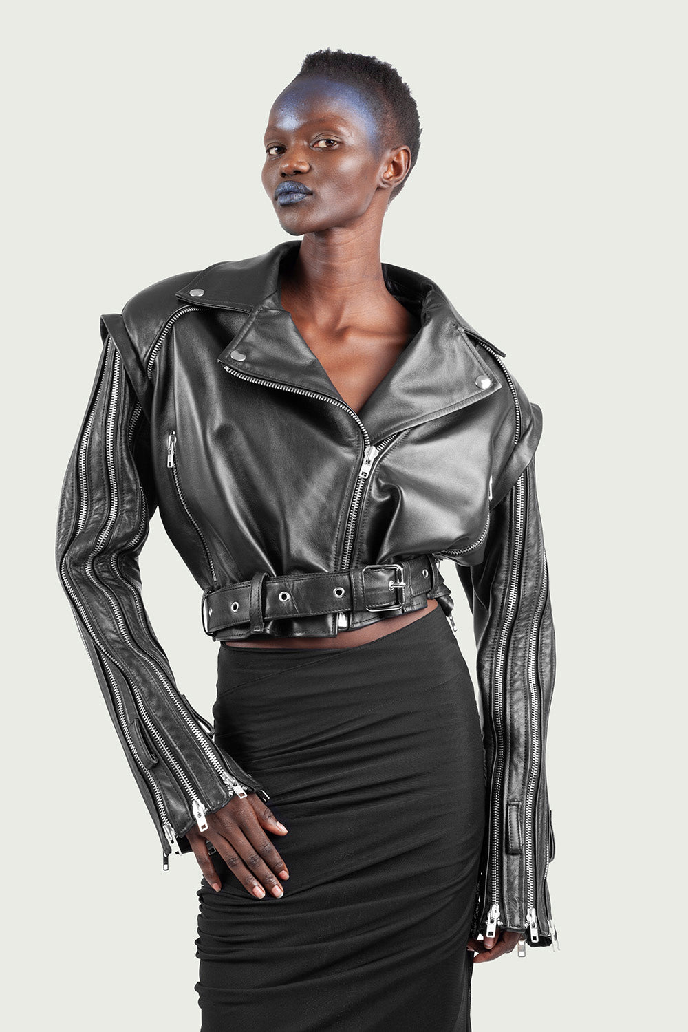 Multi-Zip Cropped Leather Jacket